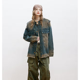 Unisex Jacket Denim Men's and Women's Washed Distressed Retro Workwear Stand Collar Jacket